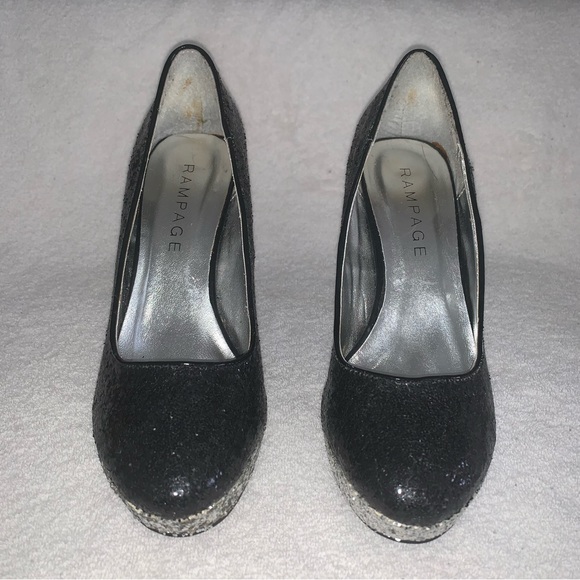 Women’s 7M RAMPAGE TANGELA Black & Silver Sparkly Glitter 4 1/2” High Heels EXC - Picture 2 of 15